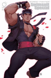 Rule 34 | 1boy, abs, absolum art, adapted costume, bara, black bow, black bowtie, black gloves, black hair, black pants, black sash, black suit, bow, bowtie, clenched hands, commentary, cover, cover page, dark persona, english commentary, evil ryu, feet out of frame, fighting stance, fingerless gloves, flower, formal, frown, gloves, groom, headband, large pectorals, male focus, muscular, pants, pectorals, red shirt, rose, ryu (street fighter), sash, shirt, short hair, sleeveless, solo, street fighter, suit, thick eyebrows, tight clothes, torn clothes, torn sleeves, unbuttoned, unbuttoned shirt