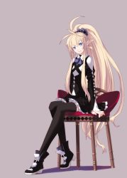 Rule 34 | bad id, bad pixiv id, blonde hair, blue eyes, flat chest, ira96, long hair, pointy ears, ribbon, simple background, sitting, skirt, solo, thighhighs, very long hair