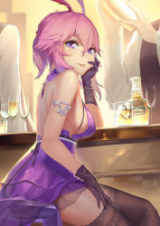 Rule 34 | 1girl, absurdres, alcohol, animal ears, armlet, bad id, bad pixiv id, bar (place), bare arms, bottle, breasts, brown gloves, brown thighhighs, cup, dress, drinking glass, from side, gloves, hair between eyes, hand on own cheek, hand on own face, hand on own thigh, hand up, highres, honkai (series), honkai impact 3rd, jack daniel&#039;s, jliaan, long hair, looking at viewer, looking to the side, medium breasts, out of frame, parted lips, pink hair, ponytail, purple dress, purple eyes, sideboob, sleeveless, sleeveless dress, solo focus, thighhighs, whiskey, yae sakura, yae sakura (flame sakitama)