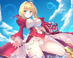 Rule 34 | 10s, 1girl, :o, ahoge, armor, bad id, bad pixiv id, blonde hair, blue sky, blush, breasts, bubble, cleavage, cloud, cloudy sky, commentary request, cowboy shot, day, dress, epaulettes, fate/extra, fate/extra ccc, fate (series), from below, gluteal fold, greaves, green eyes, hair intakes, hair ribbon, hand on own hip, highleg, highleg leotard, juliet sleeves, large breasts, legs apart, leotard, long sleeves, looking at viewer, nero claudius (fate), nero claudius (fate) (all), nero claudius (fate/extra), parted lips, ponytail korosuke, puffy sleeves, red dress, red ribbon, revision, ribbon, see-through, sidelocks, sky, solo, thighs, wading, water drop, white leotard