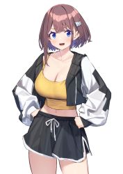 Rule 34 | 1girl, absurdres, baffu, blue eyes, breasts, brown hair, cleavage, collarbone, hair ornament, hairclip, hands on own hips, highres, hitoyo (baffu), jacket, large breasts, looking at viewer, midriff peek, navel, open mouth, original, short hair, shorts, smile, solo, standing, tank top