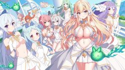 Rule 34 | 6+girls, ahoge, akusema, alternate costume, bare shoulders, blonde hair, blue eyes, blue hair, bow, braid, breasts, brown eyes, chika (princess connect!), child, cleavage, commentary request, cross, cross necklace, double bun, dress, fleeing, green eyes, green hair, hair bow, hair bun, hair intakes, hair ornament, hairband, harem, highres, hugging object, jewelry, kokkoro (ceremonial) (princess connect!), kokkoro (princess connect!), large breasts, long hair, looking at viewer, medium hair, miyako (princess connect!), multiple girls, navel, necklace, one eye closed, orange hair, outdoors, own hands clasped, own hands together, pillow, pillow hug, pink hair, pointy ears, princess connect!, purple eyes, purple hair, revealing clothes, saren (princess connect!), shizuru (princess connect!), short hair, silver hair, small breasts, smile, tomo (magical girl) (princess connect!), tomo (princess connect!), twin braids, underboob, unfinished, yui (ceremonial) (princess connect!), yui (princess connect!)