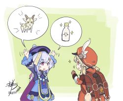 Rule 34 | :d, absurdres, ahoge, arms up, backpack, bag, bag charm, bead necklace, beads, bottle, braid, brown gloves, cabbie hat, cape, charm (object), chinese clothes, clover print, coat, coin hair ornament, dodoco (genshin impact), genshin impact, gloves, goat, hair between eyes, hair ornament, hat, hat feather, hat ornament, highres, hood, hooded coat, jewelry, jiangshi, klee (genshin impact), light brown hair, long hair, long sleeves, looking at another, low ponytail, low twintails, milk bottle, necklace, ofuda, open mouth, orange eyes, pocket, pointy ears, purple eyes, purple hair, qingdai guanmao, qiqi (genshin impact), randoseru, red coat, red headwear, sidelocks, signature, simple background, single braid, sketchien, smile, sparkle, spoken animal, spoken object, talking, twintails, vision (genshin impact)