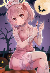 Rule 34 | 1girl, animal, ass, bandaged arm, bandaged chest, bandaged leg, bandages, bat (animal), blue archive, blush, breasts, cleavage, closed mouth, collarbone, dress, feet out of frame, graveyard, hair between eyes, hair ribbon, halloween, halloween costume, halo, hat, highres, holding, holding syringe, jack-o&#039;-lantern, looking at viewer, matsu520, medium breasts, nurse cap, one side up, pink dress, pink eyes, pink hair, red ribbon, revision, ribbon, serina (blue archive), serina (nurse) (blue archive), short hair, short sleeves, smile, solo, syringe, tombstone, tongue, tongue out, white hat, yellow halo
