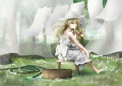 Rule 34 | 1girl, alternate costume, alternate headwear, bare arms, bare shoulders, barefoot, bed sheet, blonde hair, bow, braid, bucket, clothesline, crossed legs, day, dress, expressionless, flower, forest, grass, hair bow, hair ribbon, hand on own arm, hat, hose, kirisame marisa, laundry, leg up, light particles, long hair, looking afar, looking to the side, nature, no legwear, outdoors, plant, red bow, ribbon, see-through, side braid, single braid, sitting, sitting on object, sleeveless, sleeveless dress, solo, stool, sun hat, sundress, touhou, tree, tress ribbon, water, white bow, white dress, white hat, wind, wooden bucket, yawl, yellow eyes
