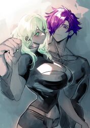 Rule 34 | 1boy, 1girl, adapted costume, alternate muscle size, breasts, cleavage, closed mouth, enlightened byleth (female), expressionless, fire emblem, fire emblem: three houses, fire emblem warriors: three hopes, green eyes, green hair, hair between eyes, hair over one eye, height difference, highres, large breasts, medium hair, muscular, navel, negiwo, nintendo, official alternate costume, official alternate hairstyle, partially colored, purple eyes, purple hair, shez (fire emblem), shez (male) (fire emblem), short hair, simple background, size difference