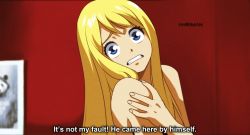 Rule 34 | 1girl, anna sergeyevna, blonde hair, blue eyes, dmitry grozov, english text, fake screenshot, highres, nude, parody, red background, solo, style parody, subtitled, surprised, swept bangs, tagme, the diamond arm, wide-eyed