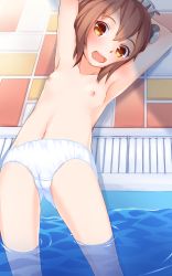 Rule 34 | 10s, 1girl, armpits, blush, breasts, brown eyes, brown hair, censored, kantai collection, lying, nipples, on back, open mouth, panties, partially submerged, sakurea, short hair, small breasts, smile, solo, topless, uncensored, underwear, wading, water, white panties, yukikaze (kancolle)