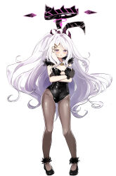 Rule 34 | 1girl, ahoge, alternate costume, black gloves, black pantyhose, blue archive, commentary request, crossed arms, demon girl, demon horns, detached collar, forehead, full body, fur scarf, gloves, hair ornament, hairclip, halo, high heels, highleg, highleg leotard, highres, hina (blue archive), horns, leotard, long hair, looking at viewer, namekuji (namekuzu), nontraditional playboy bunny, one side up, pantyhose, parted bangs, parted lips, playboy bunny, purple eyes, sidelocks, simple background, sleeveless, solo, standing, white background, white hair