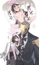 Rule 34 | 1boy, 1girl, ?, absurdres, black bow, black bowtie, black gloves, black hair, black jacket, bow, bowtie, braid, braided ponytail, breasts, closed eyes, cum, cum on body, cum on breasts, cum on stomach, cum on upper body, facial, formal, gloves, halo, hetero, highres, imagining, jacket, kahlua (artist), long hair, multicolored hair, nude, on bed, original, shoes, small breasts, spoken question mark, suit, two-tone hair, very long hair, violet (ac8231), white hair