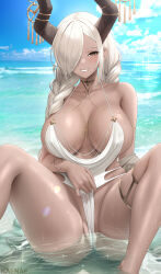Rule 34 | 1girl, absurdres, azur lane, black horns, blonde hair, braid, breasts, brown eyes, cleavage, collarbone, crotch pull, dark-skinned female, dark skin, day, fouriasensei, gyaru, hair over one eye, highres, horn ornament, horns, large breasts, long hair, mole, mole under eye, ocean, official alternate costume, one-piece swimsuit, one eye covered, outdoors, owari (azur lane), owari (shimmering forsythia) (azur lane), parted lips, partially submerged, revision, sitting, skindentation, smile, solo, swimsuit, teeth, thighlet, thighs, twin braids, water, wet, white one-piece swimsuit