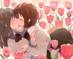 Rule 34 | 2girls, asymmetrical docking, blush, bow, bowtie, breast press, brown hair, brown neckwear, brown skirt, closed eyes, collared shirt, commentary request, flower, from side, girl on top, grey sweater, hand on another&#039;s shoulder, kiss, light particles, long hair, long sleeves, multiple girls, original, pleated skirt, profile, red flower, school uniform, shirt, short hair, skirt, sleeves past wrists, sou (tuhut), sunlight, sweater, tulip, white shirt, yuri