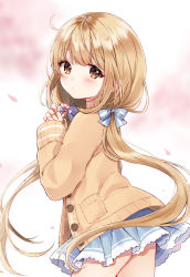 Rule 34 | 1girl, blue bow, blue skirt, blurry, blurry background, blush, bow, brown cardigan, brown eyes, cardigan, cherry blossoms, closed mouth, commentary request, cowboy shot, depth of field, flower, futaba anzu, hair between eyes, hair bow, hands up, holding, holding flower, idolmaster, idolmaster cinderella girls, idolmaster cinderella girls starlight stage, light brown hair, long hair, long sleeves, looking at viewer, looking back, low twintails, miniskirt, nazuna shizuku, open cardigan, open clothes, outdoors, own hands together, petals, pink flower, pleated skirt, skirt, sleeves past wrists, solo, striped, striped bow, thighs, twintails, very long hair