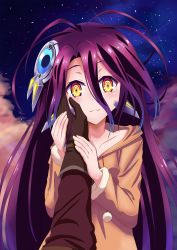 Rule 34 | 1girl, absurdres, brown gloves, brown sweater, cloud, collarbone, gloves, hair between eyes, hand on another&#039;s cheek, hand on another&#039;s face, highres, ken-ji, long hair, looking at viewer, no game no life, outdoors, purple hair, shuvi (no game no life), sky, smile, star (sky), starry sky, sweater, very long hair, yellow eyes