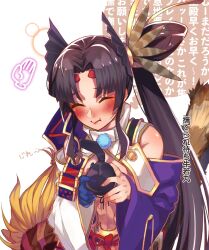 Rule 34 | 1girl, armor, asymmetrical sleeves, black hair, blush, breast curtains, breasts, closed eyes, detached sleeves, fate/grand order, fate (series), feather hair ornament, feathers, hair bun, hair ornament, hat, highres, japanese armor, long hair, medium breasts, mismatched sleeves, mitsurugi sugar, parted bangs, side ponytail, sidelocks, single side bun, smile, solo, thought bubble, translation request, unworn headwear, ushiwakamaru (fate), very long hair, wide sleeves