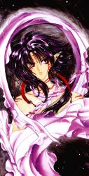 Rule 34 | 1boy, bare shoulders, clamp, earrings, facial mark, forehead mark, highres, jewelry, kouryuu (wish), male focus, official art, pointy ears, purple hair, red eyes, solo, tagme, upper body, wish