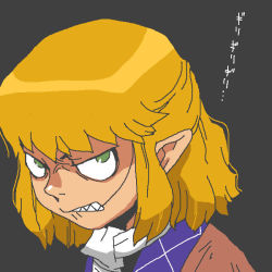 Rule 34 | 1girl, angry, blonde hair, clenched teeth, green eyes, mizuhashi parsee, onikobe rin, pointy ears, scowl, short hair, snarl, solo, teeth, touhou
