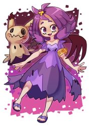 Rule 34 | 1girl, :d, acerola (pokemon), armlet, collarbone, commentary, creatures (company), dress, eyelashes, flip-flops, flipped hair, game freak, gen 7 pokemon, hair ornament, hairclip, highres, kurt robinson, looking at viewer, medium hair, mimikyu, multicolored clothes, multicolored dress, nintendo, open mouth, pokemon, pokemon (creature), pokemon sm, purple dress, purple eyes, purple hair, sandals, short sleeves, smile, stitches, tongue, topknot, torn clothes, torn dress