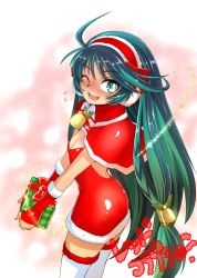 Rule 34 | 1girl, ;), ahoge, bell, blush, box, breasts, capelet, character request, christmas, cleavage, commentary request, dress, ez6, fingerless gloves, fur trim, gift, gift box, gloves, green eyes, green hair, hair bell, hair ornament, hairband, highres, long hair, looking back, one eye closed, red dress, red gloves, santa costume, small breasts, smile, solo, thighhighs, v arms, very long hair, white thighhighs, zettai ryouiki