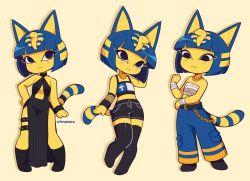 Rule 34 | 1girl, animal crossing, animal ears, ankha (animal crossing), blonde hair, blue hair, blunt bangs, bob cut, cat ears, cat girl, cat tail, colored skin, cremanata, halterneck, highres, nintendo, simple background, socks, standing, tail, thighhighs, yellow skin