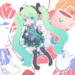 Rule 34 | 1girl, :q, bad id, bad pixiv id, cup, detached sleeves, green eyes, green hair, hatsune miku, headset, long hair, matching hair/eyes, monitor, mouse (computer), mug, necktie, pen, pigeon-toed, pointing, shapeson, skirt, smile, solo, spring onion, tedamarutarou, thighhighs, tongue, tongue out, twintails, very long hair, vocaloid