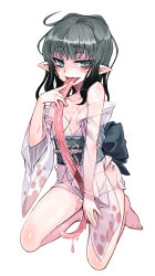 Rule 34 | 1girl, akaname, akaname (monster girl encyclopedia), bare shoulders, barefoot, black hair, blush, breasts, cleavage, freckles, full body, gradient hair, grey eyes, grey hair, japanese clothes, kenkou cross, kimono, kneeling, long tongue, looking at viewer, monster girl, monster girl encyclopedia, multicolored hair, official art, pointy ears, revision, see-through, simple background, small breasts, solo, tongue, tongue out, very long tongue, white background