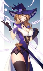 Rule 34 | 1girl, absurdres, black gloves, black tank top, book, breasts, brown hair, cleavage, distr, electricity, genshin impact, gloves, green eyes, hat, highres, holding, holding book, lisa (genshin impact), long hair, looking at viewer, medium breasts, open mouth, purple hat, smile, solo, tank top, thighhighs, vision (genshin impact), witch hat, zettai ryouiki