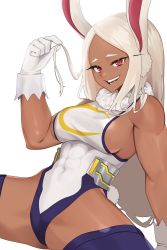 Rule 34 | 1girl, abs, absurdres, animal ears, arm support, boku no hero academia, breasts, commentary, covered navel, curled fingers, dark-skinned female, dark skin, forehead, fur, gloves, hand up, highres, leotard, long hair, looking at viewer, lower teeth only, medium breasts, mirko, muscular, muscular female, open mouth, rabbit ears, rabbit girl, red eyes, shadow, sharp teeth, simple background, sitting, slit pupils, solo, spread legs, taut clothes, teeth, thick eyebrows, thighhighs, thighs, upper teeth only, white background, white gloves, white hair, white leotard, yzr (yzr99)