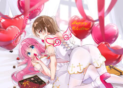 Rule 34 | 2girls, absurdres, balloon, blue eyes, bocchi the rock!, brown hair, chocolate, commentary request, detached sleeves, drawn wings, dress, food in mouth, garter straps, gotoh hitori, halo, hamazi aki, happy valentine, heart balloon, highres, long hair, looking at viewer, multiple girls, official art, ootsuki yoyoko, pink hair, red eyes, red halo, see-through, see-through sleeves, shorts, thighhighs, two side up, valentine, white dress, white shorts, white thighhighs, yukadon, yuri