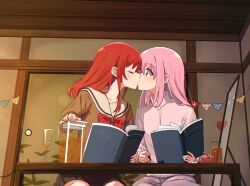 Rule 34 | 2girls, black skirt, blue eyes, bocchi the rock!, book, bow, bowtie, brown shirt, champagne flute, closed eyes, commentary request, cup, drinking glass, gotoh hitori, highres, holding, holding book, iced tea, indoors, jacket, kiss, kita ikuyo, krill55, long hair, multiple girls, pencil case, pink hair, pink jacket, pleated skirt, reading, red bow, red bowtie, red hair, school uniform, serafuku, shirt, skirt, track jacket, yuri