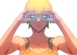 Rule 34 | 1girl, arms up, blue eyes, foo fighters (jojo), green hair, hand glasses, highres, jojo no kimyou na bouken, looking at viewer, notoriou5pirate, overalls, parted lips, shadow, short hair, simple background, solo, stone ocean, white background
