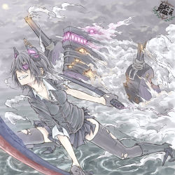 Rule 34 | 10s, 1girl, black hair, black thighhighs, eyepatch, glowing, grin, hair ornament, kantai collection, pleated skirt, short hair, skirt, smile, solo, steam, sword, tenryuu (kancolle), thighhighs, torn clothes, torn thighhighs, weapon, yukimochi (yume)