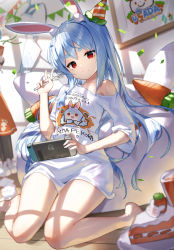 Rule 34 | 1girl, absurdres, animal ear fluff, animal ears, blue hair, blurry, blurry background, blurry foreground, braid, breasts, cake, cake slice, carrot, character name, commentary request, depth of field, food, fork, hair ornament, handheld game console, head tilt, highres, holding, holding fork, holding handheld game console, hololive, long hair, long sleeves, looking at viewer, multicolored hair, nintendo switch, off shoulder, pillow, rabbit ears, rabbit girl, red eyes, scottie (phantom2), shirt, single bare shoulder, sitting, solo, stuffed animal, stuffed rabbit, stuffed toy, usada pekora, v, virtual youtuber, white hair, white shirt, wooden floor
