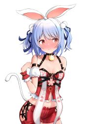 Rule 34 | 1girl, absurdres, animal ears, averting eyes, bell, black ribbon, blue hair, blue ribbon, blush, bow, breasts, cleavage, closed mouth, collarbone, cowboy shot, detached sleeves, embarrassed, fake animal ears, fake tail, hair bow, hair ribbon, highres, hololive, maccaron61, midriff, mouse ears, mouse tail, navel, neck bell, red eyes, red shorts, ribbon, short hair, short shorts, short sleeves, shorts, small breasts, solo, standing, stomach, tail, transparent background, twintails, usada pekora, virtual youtuber, white bow, white sleeves, wrist cuffs