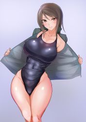 Rule 34 | 10s, 1girl, baron (nsbaron), black one-piece swimsuit, breasts, brown eyes, brown hair, competition swimsuit, curvy, girls und panzer, highres, jacket, large breasts, looking at viewer, matching hair/eyes, mika (girls und panzer), navel, one-piece swimsuit, open clothes, open jacket, smile, solo, standing, swimsuit, wide hips