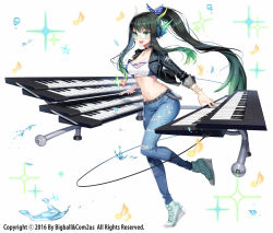 Rule 34 | 1girl, :d, bad id, bad pixiv id, blue eyes, breasts, bustier, carchet, chain, choker, cleavage, denim, water drop, gradient hair, green eyes, green hair, hair ornament, headphones, highres, instrument, jacket, jeans, keyboard (instrument), linmay, long hair, matching hair/eyes, midriff, multicolored hair, musical note, open clothes, open jacket, open mouth, pants, platform footwear, ponytail, quaver, smile, soccer spirits, solo, sparkle, very long hair