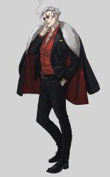 Rule 34 | 1boy, age difference, belt, black belt, black footwear, black jacket, black pants, blouse, cigarette, collar, collared jacket, collared shirt, fate/grand order, fate (series), full body, fur trim, glasses, grey background, hand in pocket, holding, holding cigarette, jacket, jacket on shoulders, li shuwen (fate), li shuwen (fate/grand order), li shuwen (old) (fate), long sleeves, looking to the side, male focus, manly, open clothes, pants, pocket, red shirt, rott ur, round eyewear, shirt, short hair, simple background, smoke, smoking, solo, standing, sunglasses