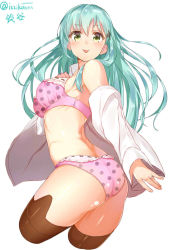 Rule 34 | 10s, 1girl, :p, ass, black thighhighs, bra, breasts, cropped legs, dress shirt, floating hair, green hair, isshiki (ffmania7), jewelry, kantai collection, long hair, long sleeves, looking at viewer, no pants, off shoulder, panties, polka dot, polka dot bra, polka dot panties, ring, shiny skin, shirt, simple background, solo, suzuya (kancolle), thighhighs, tongue, tongue out, twitter username, underwear, underwear only, white background, yellow eyes