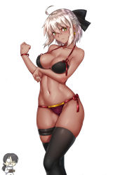 Rule 34 | 1boy, 1girl, absurdres, ahoge, alternate hairstyle, anger vein, bare arms, bare shoulders, bikini, black bikini, black bow, black hair, black thighhighs, blood, blush, bow, bracelet, breasts, camera, cleavage, closed mouth, collarbone, commentary request, cowboy shot, dark skin, fate/grand order, fate (series), feet out of frame, fingernails, groin, hair between eyes, hair bow, hair ornament, halterneck, highres, holding, holding camera, jewelry, kai (pixiv12466647), large breasts, legs together, long hair, looking at viewer, majin saber, midriff, navel, nosebleed, okita souji (fate), okita souji (koha-ace), okita souji alter (fate), okita souji alter (first ascension) (fate), ponytail, purple bikini, short hair, side-tie bikini bottom, sidelocks, simple background, skindentation, solo focus, standing, stomach, swimsuit, thigh strap, thighhighs, toned, uniform, white background, yellow eyes