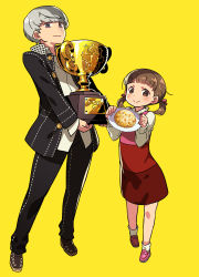 Rule 34 | 1boy, 1girl, absurdres, black jacket, black pants, blush, brown eyes, brown hair, commentary request, cousins, doujima nanako, dress, food, fried rice, full body, grey eyes, grey hair, high collar, highres, himukai yuuji, holding, holding plate, holding trophy, jacket, loafers, long sleeves, looking at viewer, narukami yuu, pants, persona, persona 4, pink footwear, plate, red dress, shirt, shoes, short hair, short twintails, simple background, smile, socks, trophy, twintails, white legwear, white shirt, yellow background