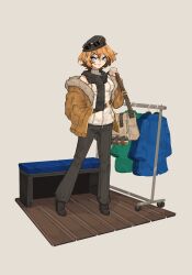 Rule 34 | 1girl, bench, black scarf, blonde hair, blue eyes, clothes rack, coat, commission, female focus, full body, fur-trimmed coat, fur trim, grin, hat, highres, legs apart, original, platform footwear, scarf, second-party source, shirt, short hair, shuuko (s h uuko), sienna (afoodcontainer), simple background, sleeveless, sleeveless shirt, smile, solo, standing, sunglasses, sunglasses on hat, white background, white shirt, wooden floor, yellow coat