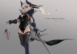 Rule 34 | 1girl, ahoge, asicah, black cape, black footwear, black gloves, black leotard, black thighhighs, blush, boots, breasts, cape, cleavage, commentary, dated, elbow gloves, empty eyes, english commentary, english text, feet out of frame, fingerless gloves, gloves, gradient background, grey background, highres, holding, holding sword, holding weapon, horns, knee boots, large breasts, leotard, long hair, looking at viewer, original, parted lips, ponytail, puppet, puppet strings, purple eyes, rabbit tail, sidelocks, silver hair, smile, solo, standing, strapless, strapless leotard, sword, tail, thighhighs, weapon
