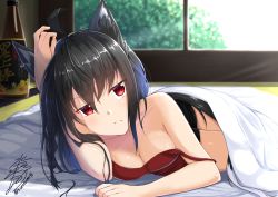 Rule 34 | 1girl, ahoge, animal ears, bare shoulders, black hair, breasts, cleavage, commentary request, fox ears, highres, hololive, long hair, looking at viewer, lying, medium breasts, morning, namikawa kuroha, on stomach, pout, red eyes, shirakami fubuki, signature, solo, twitter username, virtual youtuber, waking up