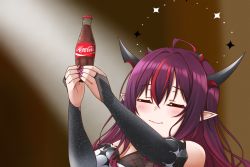 Rule 34 | 1girl, absurdres, ahoge, asymmetrical sleeves, bare shoulders, black hair, brand name imitation, bridal gauntlets, closed eyes, coca-cola, commentary, detached sleeves, english commentary, face, fishnet top, fishnets, hair between eyes, halo, highres, hololive, hololive english, horns, irys (hololive), irys (irys 1.0) (hololive), jan azure, light blush, light rays, meme, mismatched sleeves, multicolored hair, multiple horns, nail polish, parody, pointy ears, red hair, soda bottle, streaked hair, virtual youtuber
