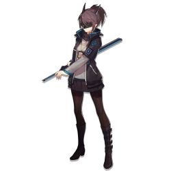 Rule 34 | 1girl, arknights, black jacket, black skirt, blindfold, brown hair, brown pantyhose, commentary request, cuts, full body, gradient background, grey background, holding, holding weapon, horns, injury, jacket, layered sleeves, long sleeves, non-web source, official art, open clothes, open jacket, pantyhose, parted lips, pleated skirt, ponytail, shirt, short over long sleeves, short sleeves, skirt, solo, source request, weapon, white background, white shirt, yato (arknights)