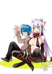 Rule 34 | 1boy, 1girl, absurdres, black footwear, black gloves, black pants, blue hair, blush, boots, breasts, brown footwear, character request, cleavage, copyright request, elbow gloves, fingerless gloves, gloves, green eyes, hair over one eye, heart, high heel boots, high heels, highres, large breasts, crossed legs, long hair, looking at another, navel, open mouth, pants, red eyes, revealing clothes, short hair, silver hair, smile, sugito akira, teeth, thigh boots, thighhighs, upper teeth only