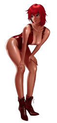 Rule 34 | 1980s (style), 1girl, bare arms, bare legs, bare shoulders, boots, breasts, brown footwear, canary donetto, cleavage, collarbone, female focus, full body, hands on own knees, headband, headset, high heels, highres, large breasts, leaning forward, legs, lips, long legs, looking to the side, oldschool, pinup (style), python (snake legs), realistic, red hair, retro artstyle, shiny skin, shoes, short hair, simple background, solo, standing, sweat, taiyou no kiba dougram, white background