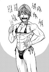 Rule 34 | 1boy, :d, ^^^, abs, bikini, bulge, collarbone, cowboy shot, crossdressing, closed eyes, facing viewer, genderswap, genderswap (ftm), greyscale, hand on own hip, hand up, hat, hong meiling, koyubi (littlefinger1988), laughing, male focus, microphone, monochrome, muscular, muscular male, navel, open mouth, pectorals, short hair, side-tie bikini bottom, side-tie bottom, simple background, smile, solo, standing, star (symbol), stomach, swimsuit, thumbs up, touhou, white background, |d