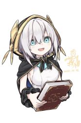 Rule 34 | 1girl, ars almal, black cape, blue eyes, book, cape, commentary request, detached sleeves, holding, holding book, hood, nijisanji, open mouth, shirt, short hair, smile, solo, virtual youtuber, white hair, white shirt, yoshitatsu ousuke