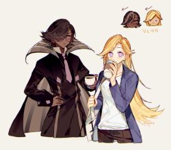 Rule 34 | 1boy, 1girl, brown cape, brown capelet, brown eyes, brown hair, cape, capelet, coffee cookie, coffee cup, cookie run, cowboy shot, cup, dark-skinned male, dark skin, disposable cup, drinking, espresso cookie, flipped hair, hair over one eye, hand up, humanization, jacket, long hair, looking at viewer, purple eyes, purple jacket, sapphire (nine), simple background, very long hair, white background